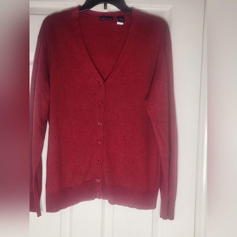 Moda International L Silk Cashmere Button Up Cardigan Womens  Burgundy Sweater